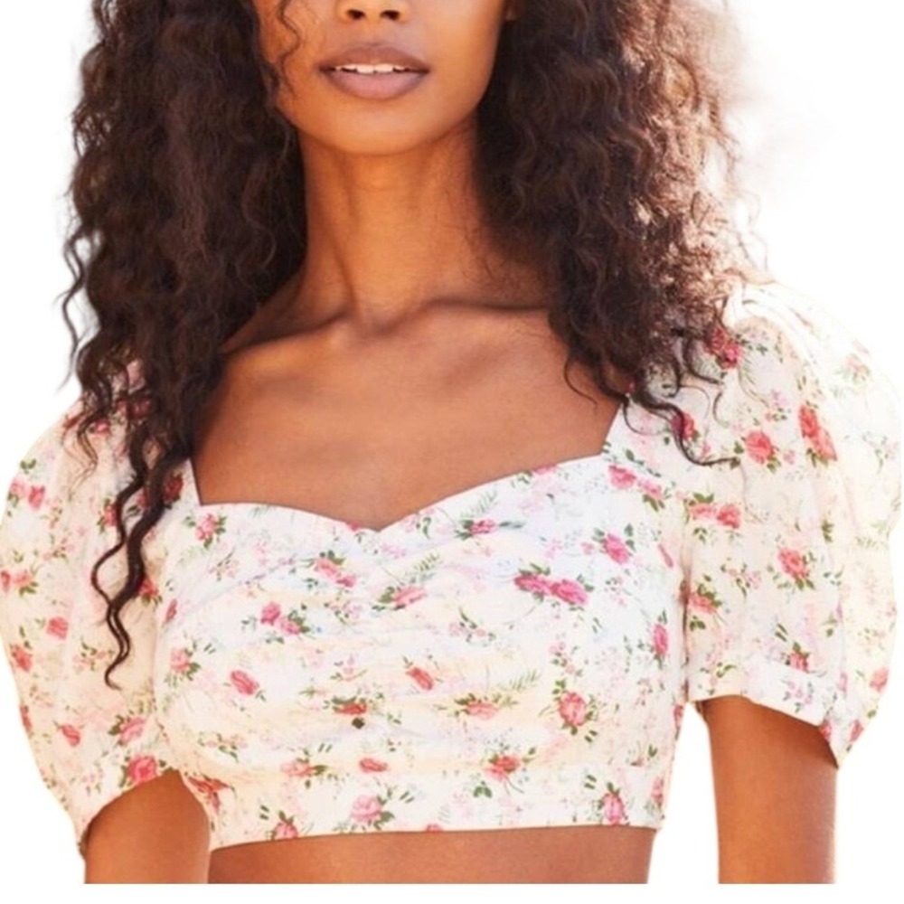 New Lulus Medium Cute‎ Factor White Floral Print Puff Sleeve Crop Top Milkmaid